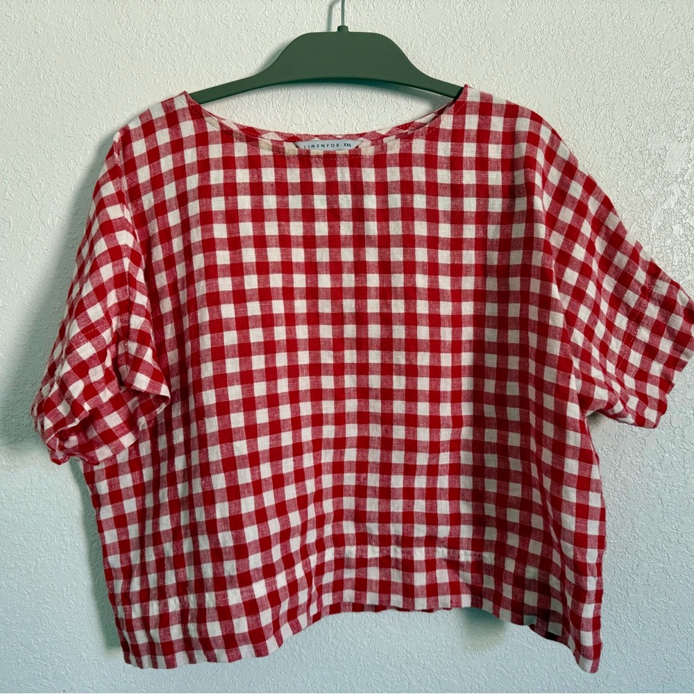 Linenfox Mona 100% Linen Cropped Top - Red Gingham Size XXS
